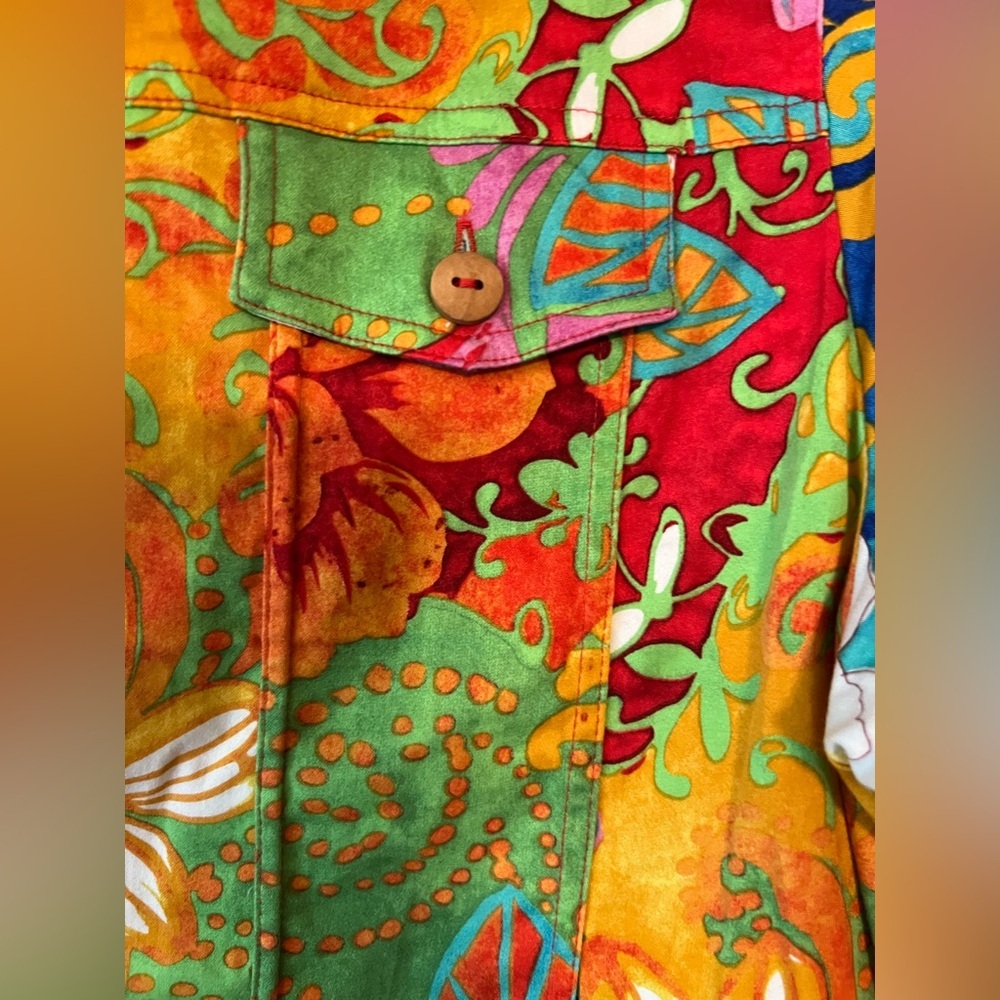 Coldwater Creek Womens Y2K Retro Multi Hibiscus Patchwork Zip Jacket EUC L #2113 - Picture 9 of 11